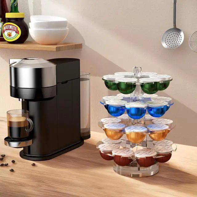 Alt view image 2 of 7 - Coffee Pods Holder Acrylic Carousel Stand Compatible with 28 Nespresso Vertuo Capsules And Dolce Gusto Capsules Storage Organizer for Small Countertop