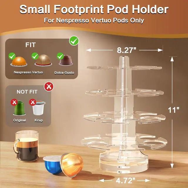 Alt view image 3 of 7 - Coffee Pods Holder Acrylic Carousel Stand Compatible with 28 Nespresso Vertuo Capsules And Dolce Gusto Capsules Storage Organizer for Small Countertop
