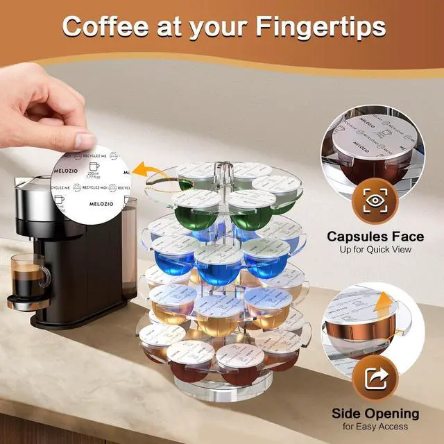 Alt view image 4 of 7 - Coffee Pods Holder Acrylic Carousel Stand Compatible with 28 Nespresso Vertuo Capsules And Dolce Gusto Capsules Storage Organizer for Small Countertop