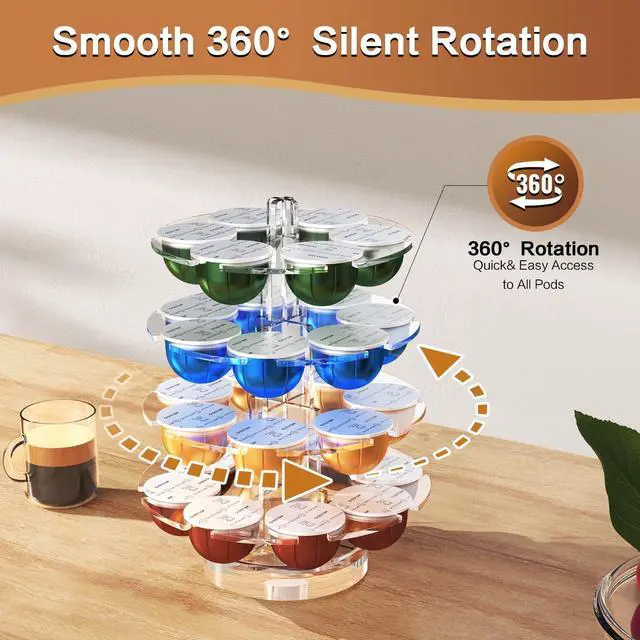 Alt view image 5 of 7 - Coffee Pods Holder Acrylic Carousel Stand Compatible with 28 Nespresso Vertuo Capsules And Dolce Gusto Capsules Storage Organizer for Small Countertop