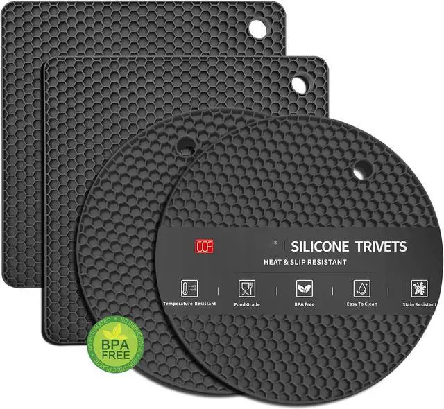 Main image of Thickened Silicone Microwave Mat, 4 Pcs Black Round and Square 7.08 Inch Heat Resistant Trivets Pot Holder for Hot Dishes, Pots and Pans (Black)