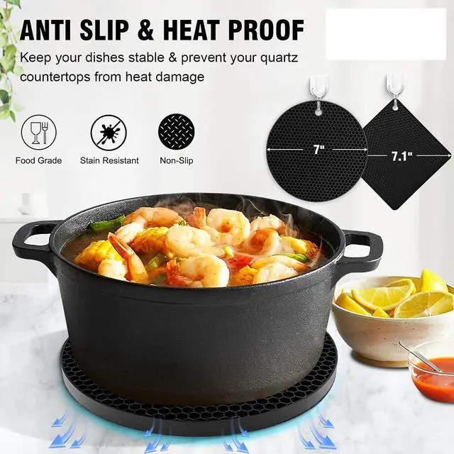 Alt view image 4 of 7 - Thickened Silicone Microwave Mat, 4 Pcs Black Round and Square 7.08 Inch Heat Resistant Trivets Pot Holder for Hot Dishes, Pots and Pans (Black)