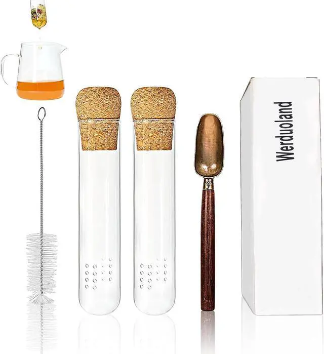 Main image of 2 PCS Glass Loose Tea Infuser with Cork Lid Spoon Brush