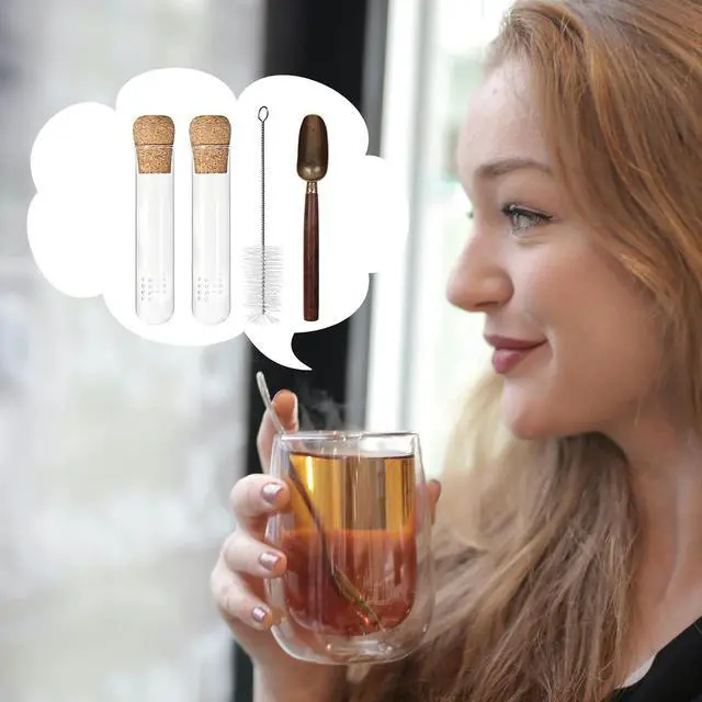Alt view image 2 of 7 - 2 PCS Glass Loose Tea Infuser with Cork Lid Spoon Brush
