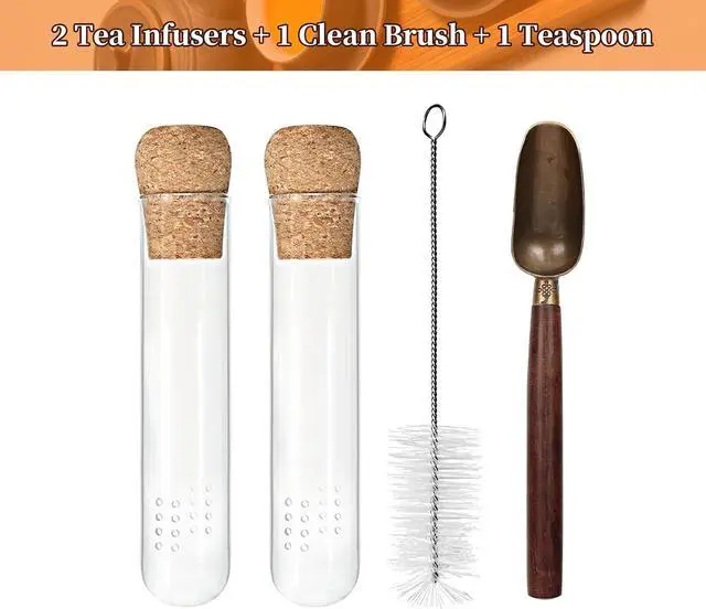 Alt view image 7 of 7 - 2 PCS Glass Loose Tea Infuser with Cork Lid Spoon Brush