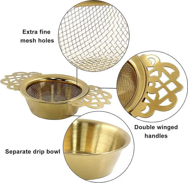 Alt view image 3 of 5 - 2 Pack Tea Strainers with Drip Bowls, Gold