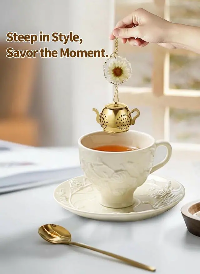Alt view image 5 of 7 - Tea Infuser for Loose Leaf Tea with Real Daisy Resin Pendant Stainless Steel Tea Infuser Tea Strainers Cute Tea Steeper for loose tea (Daisy)