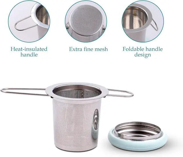 Alt view image 3 of 7 - Tea Infuser Stainless Steel Tea Strainer Folding Handle Tea Filter Extra Fine Mesh Strainer Brewing Basket with Lid for Loose Leaf Tea (Light Blue)