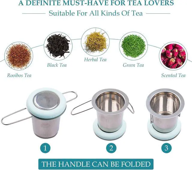 Alt view image 5 of 7 - Tea Infuser Stainless Steel Tea Strainer Folding Handle Tea Filter Extra Fine Mesh Strainer Brewing Basket with Lid for Loose Leaf Tea (Light Blue)
