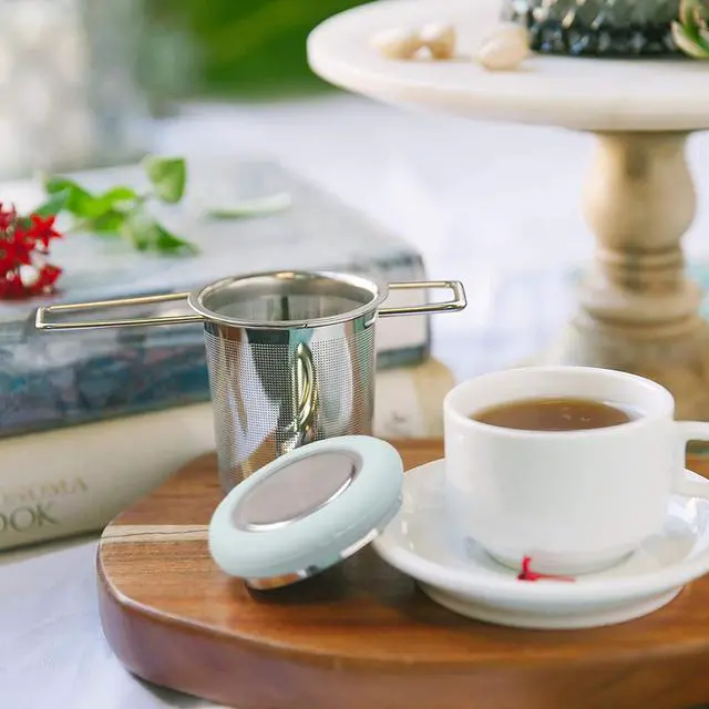 Alt view image 7 of 7 - Tea Infuser Stainless Steel Tea Strainer Folding Handle Tea Filter Extra Fine Mesh Strainer Brewing Basket with Lid for Loose Leaf Tea (Light Blue)