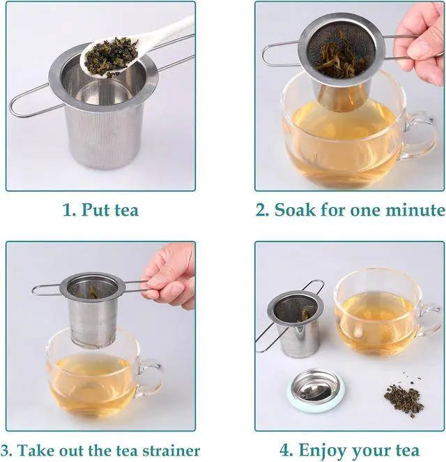 Alt view image 6 of 7 - Tea Infuser Stainless Steel Tea Strainer Folding Handle Tea Filter Extra Fine Mesh Strainer Brewing Basket with Lid for Loose Leaf Tea (Light Blue)