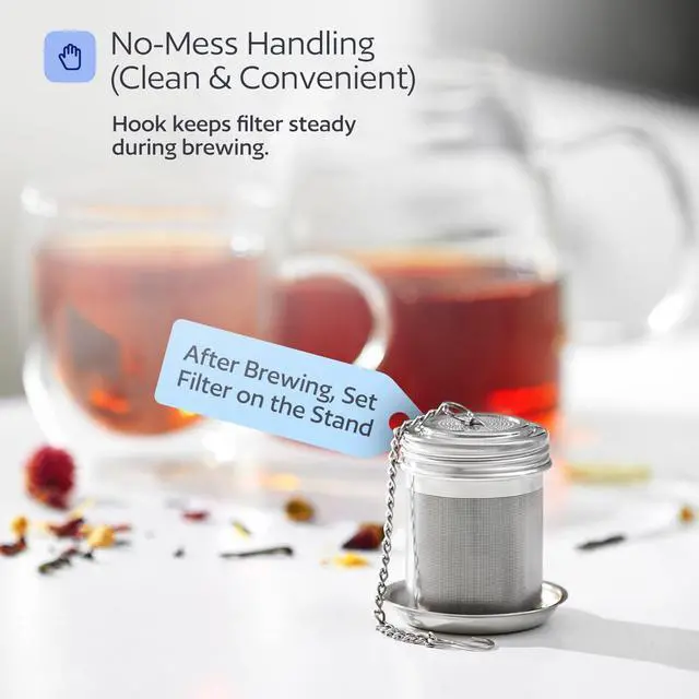 Alt view image 4 of 7 - Stainless Steel Tea Infuser for Loose Leaf Tea, Small (1.5 Diameter x 2.2 Height) Extra Fine Mesh Strainer with Chain Hook & Lid, Reusable Tea Steeper for Mugs, Cups & Teapots