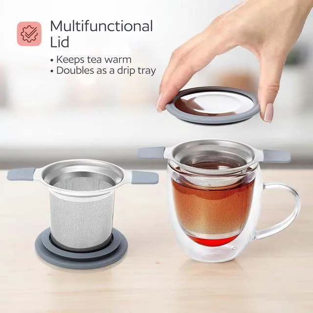 Alt view image 4 of 7 - Stainless Steel Tea Infuser for Loose Leaf Tea Extra Fine Mesh Strainer with Heat Proof Double Handles & Lid, Reusable Filter Fits Mugs, Cups & Teapots, Gray