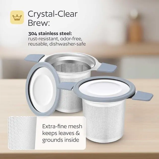 Alt view image 5 of 7 - Stainless Steel Tea Infuser for Loose Leaf Tea Extra Fine Mesh Strainer with Heat Proof Double Handles & Lid, Reusable Filter Fits Mugs, Cups & Teapots, Gray
