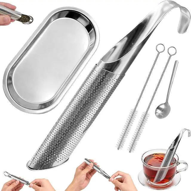 Main image of Stainless Steel Tea Infuser for Loose Leaf Tea Reusable Tea Strainer with Long Handle, Cleaning Brush Drip Tray & Mini Spoon Perfect for Single Cup Brewing at Home, Office, or Travel