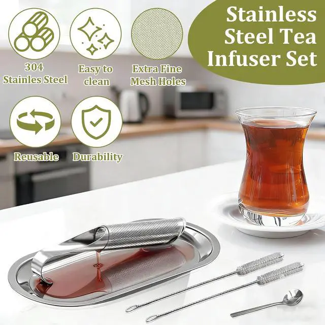 Alt view image 2 of 7 - Stainless Steel Tea Infuser for Loose Leaf Tea Reusable Tea Strainer with Long Handle, Cleaning Brush Drip Tray & Mini Spoon Perfect for Single Cup Brewing at Home, Office, or Travel
