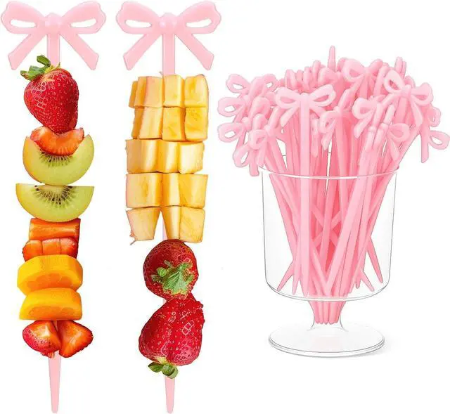 Main image of 50 PCS Pink Bow Cocktail Picks, Pink Bows Decor Toothpicks Cute Fruit Skewers Drink Tag Acrylic Drink Stirrers for Appetizers Cake Sandwich Drinks Dessert Party Decorations