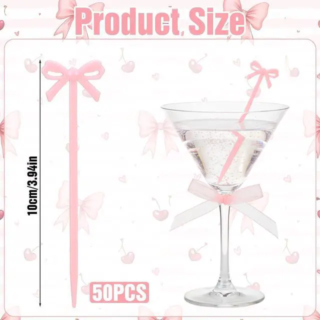 Alt view image 2 of 7 - 50 PCS Pink Bow Cocktail Picks, Pink Bows Decor Toothpicks Cute Fruit Skewers Drink Tag Acrylic Drink Stirrers for Appetizers Cake Sandwich Drinks Dessert Party Decorations