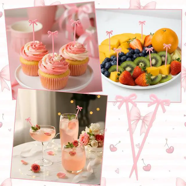 Alt view image 3 of 7 - 50 PCS Pink Bow Cocktail Picks, Pink Bows Decor Toothpicks Cute Fruit Skewers Drink Tag Acrylic Drink Stirrers for Appetizers Cake Sandwich Drinks Dessert Party Decorations