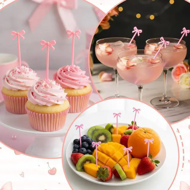 Alt view image 4 of 7 - 50 PCS Pink Bow Cocktail Picks, Pink Bows Decor Toothpicks Cute Fruit Skewers Drink Tag Acrylic Drink Stirrers for Appetizers Cake Sandwich Drinks Dessert Party Decorations