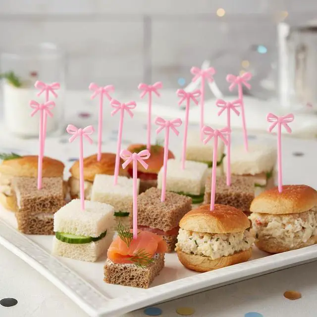 Alt view image 5 of 7 - 50 PCS Pink Bow Cocktail Picks, Pink Bows Decor Toothpicks Cute Fruit Skewers Drink Tag Acrylic Drink Stirrers for Appetizers Cake Sandwich Drinks Dessert Party Decorations