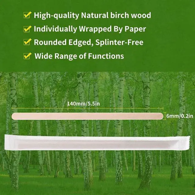 Alt view image 2 of 6 - MFJUNS 200pcs Individually Wrapped Coffee Stirrers Wood - 5.5" Coffee Stir Sticks, Round End Disposable coffee stirrer, For Coffee, Cocktail and Hot Drinks