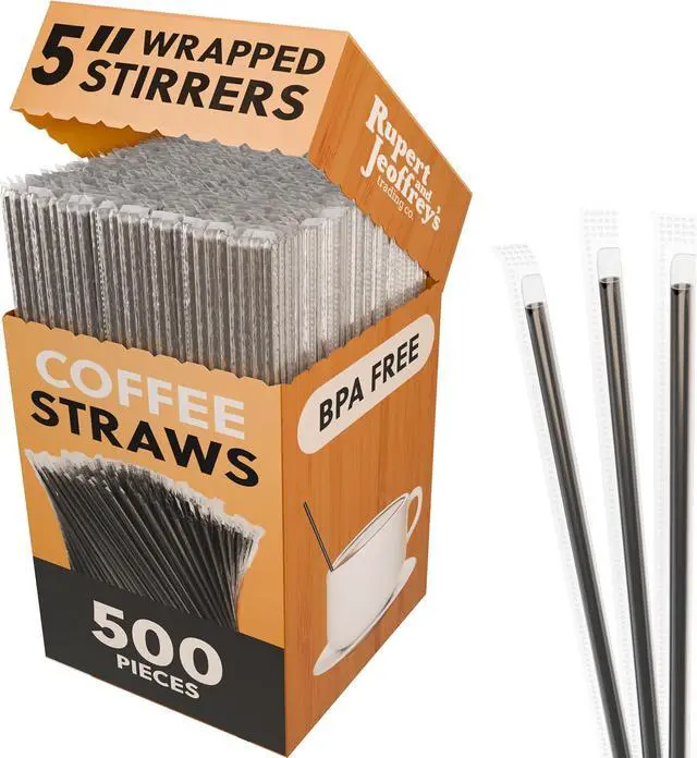 Main image of Individually Wrapped Coffee Stirrers, Black Plastic Sip Sticks, 500 Count