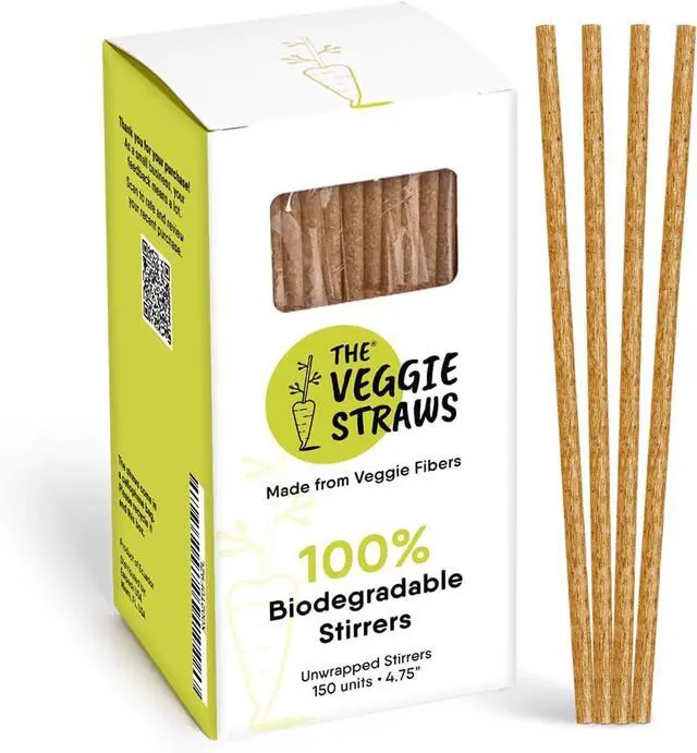 Main image of The Veggie Straws 150 PCS of 4.75 Inches Unwrapped Biodegradable Drink Stirrers Made of Vegetable Fibers, Best Cocktail Stirrers for Drinks of All Kinds