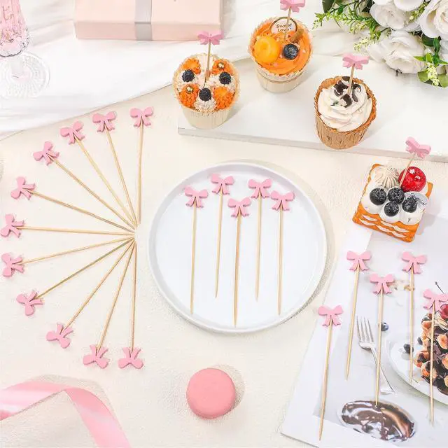 Alt view image 3 of 6 - Tioncy 100 Pcs Pink Bow Toothpicks, Cocktail Picks for Appetizers Party