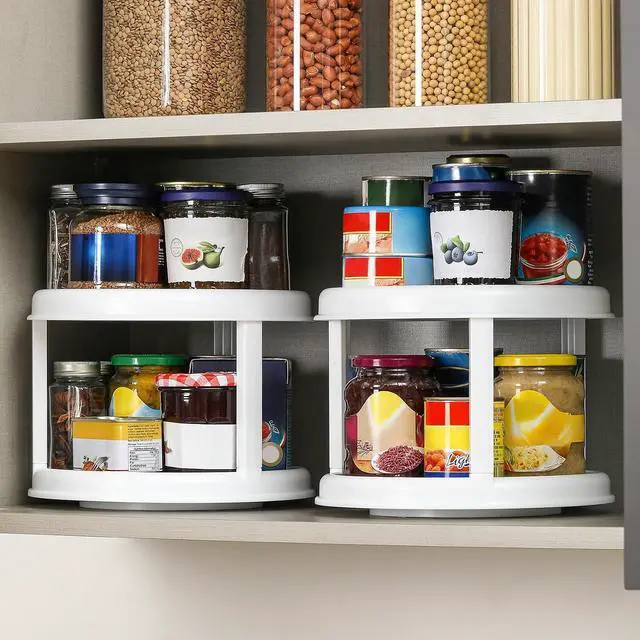Alt view image 4 of 7 - 2 Tier 10" Turntable Lazy Susan Spice Organizer - Rotating Seasoning Rack for Pantry Cabinet Kitchen Countertop, Table Top Organizing - Multiuse Two Tier Rotating Organization Rack Spinner