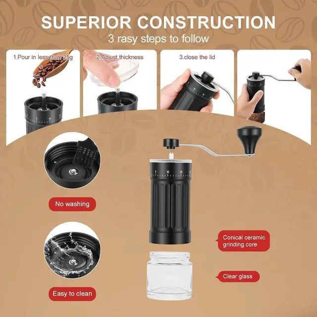 Alt view image 6 of 7 - Mini Manual Coffee Grinder with Ceramic Conical Burr, Black