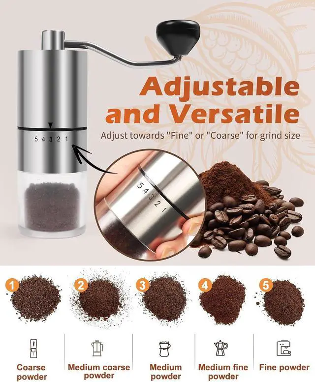 Alt view image 2 of 7 - Manual Coffee Grinder With Ceramics Burr For Espresso,French Press,5 Adjustable Settings,Hand Maker with Built-In Burr,For Home Use and Camping Travel,Coffee Bean Grinders With Hand Crank