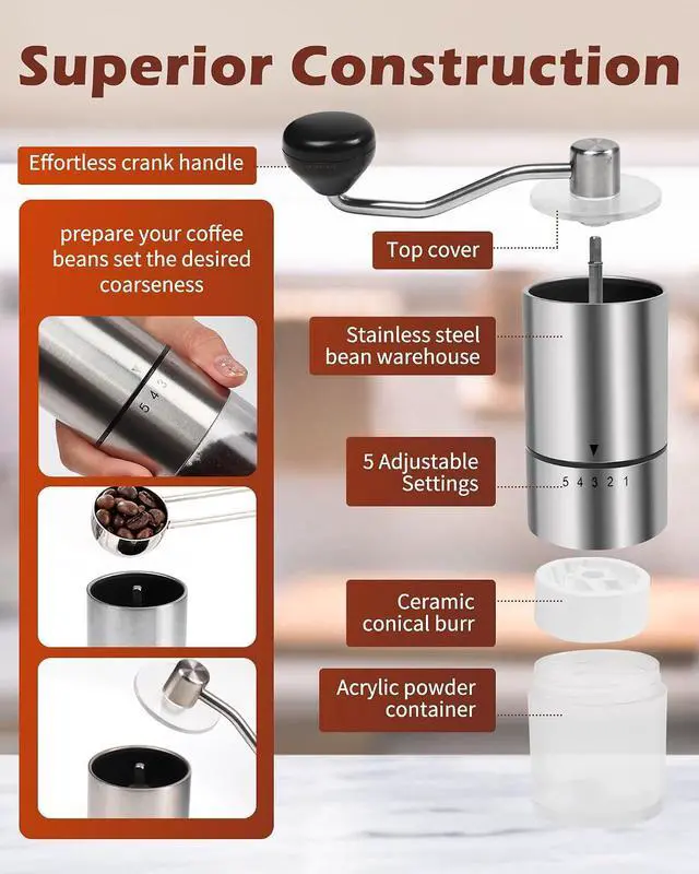 Alt view image 4 of 7 - Manual Coffee Grinder With Ceramics Burr For Espresso,French Press,5 Adjustable Settings,Hand Maker with Built-In Burr,For Home Use and Camping Travel,Coffee Bean Grinders With Hand Crank