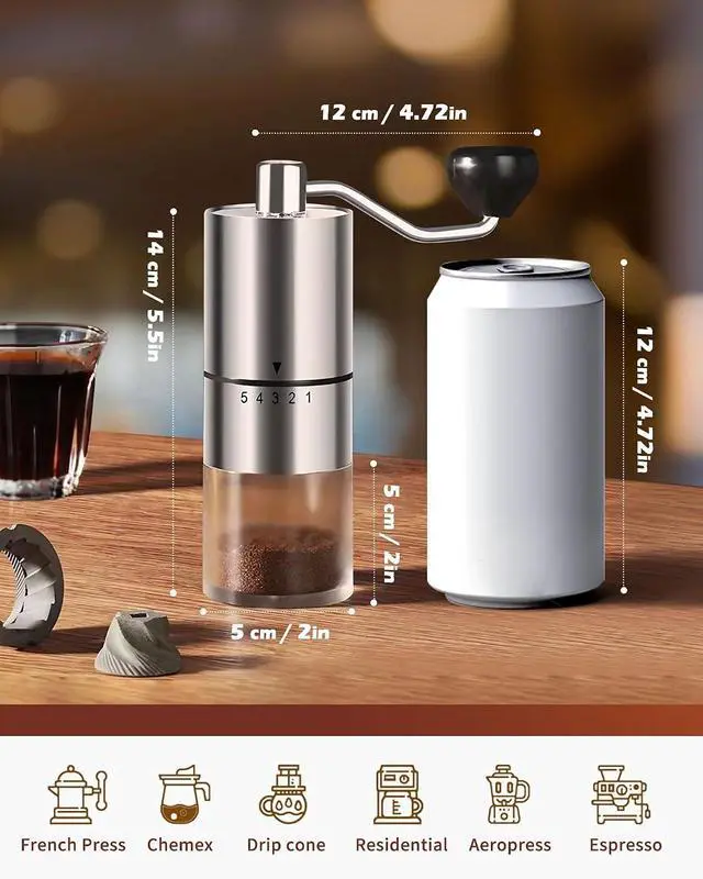 Alt view image 3 of 7 - Manual Coffee Grinder With Ceramics Burr For Espresso,French Press,5 Adjustable Settings,Hand Maker with Built-In Burr,For Home Use and Camping Travel,Coffee Bean Grinders With Hand Crank