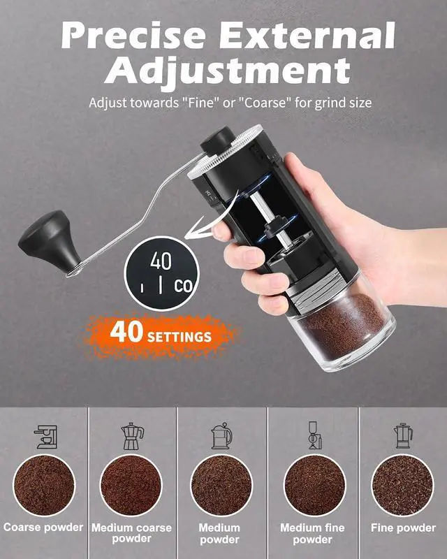 Alt view image 2 of 7 - Manual Coffee Grinder With Ceramics Burr For Espresso,French Press,40 Adjustable Settings,Portable Hand Coffee Bean Mill For Home Use and Camping Travel,Coffee Bean Grinders With Hand Crank