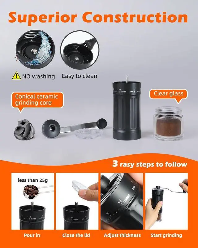 Alt view image 6 of 7 - Manual Coffee Grinder With Ceramics Burr For Espresso,French Press,40 Adjustable Settings,Portable Hand Coffee Bean Mill For Home Use and Camping Travel,Coffee Bean Grinders With Hand Crank