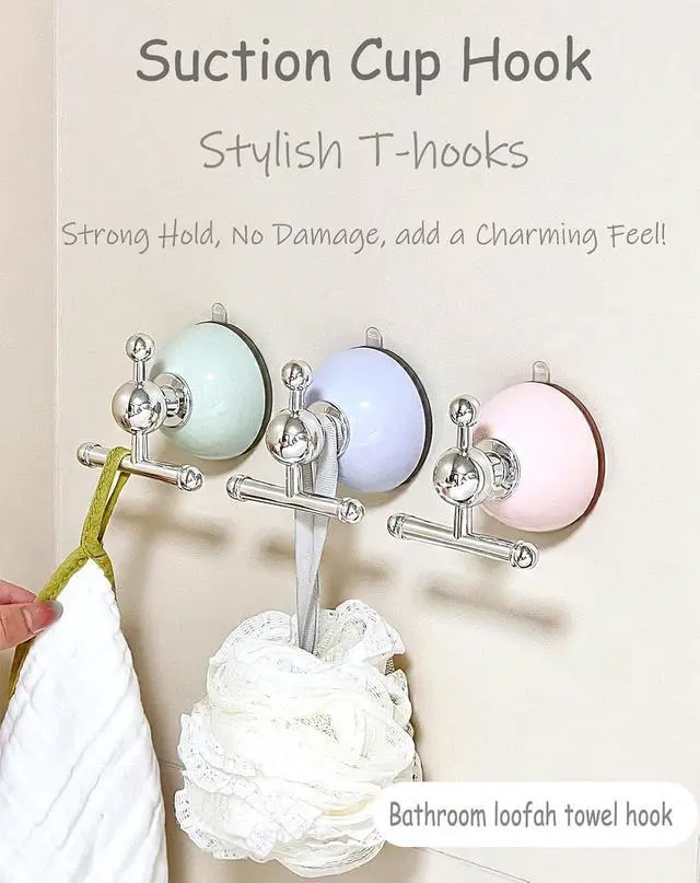 Alt view image 3 of 7 - Suction Cup Towel Hooks for Inside Shower Glass Door Window No Drill Wreath Hanger for Front Door Bathroom Loofah Holder(Pink Blue, 2 PCS)