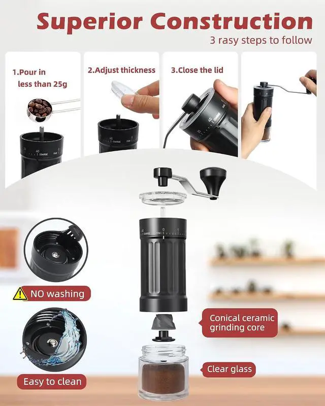 Alt view image 5 of 6 - GCCTXC Manual Coffee Grinder with Ceramic Burr Handheld Hand Crank Espresso Grinder for Coarse Drip Fine Pour Over French Press Small Portable for Travel Camping Quiet Adjustable with Grind Settings