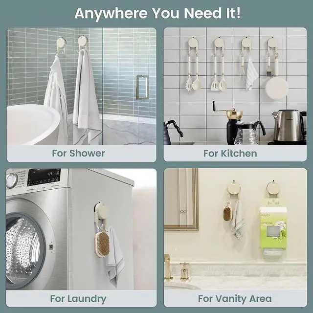 Alt view image 5 of 7 - Strong Suction Cup Hooks for Shower, Bathroom, Kitchen, Heavy Duty Hangers for Door Wreaths, Robe, loofah, Towel, Utensils, Removable Wall Hooks for Tile, Glass, Mirror (4 Pack-Cream)