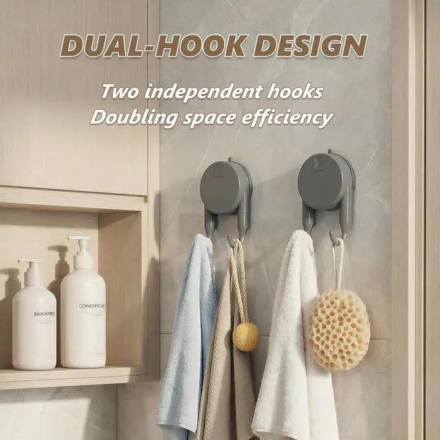 Alt view image 3 of 7 - Strong Suction Cup Hooks for Shower, Bathroom, Kitchen, Heavy Duty Hangers for Door Wreaths, Robe, loofah, Towel, Utensils, Removable Wall Hooks for Tile, Glass, Mirror (2 Pack-Gunmetal)