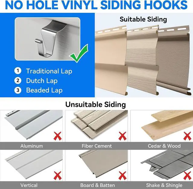 Alt view image 6 of 6 - MIUKAA Vinyl Siding Hangers Hooks (8 Pack), Sturdy No Hole Hooks for Hanging Outdoor, Clips to Hang String Lights & Decorations, Garland Wreath Hanger
