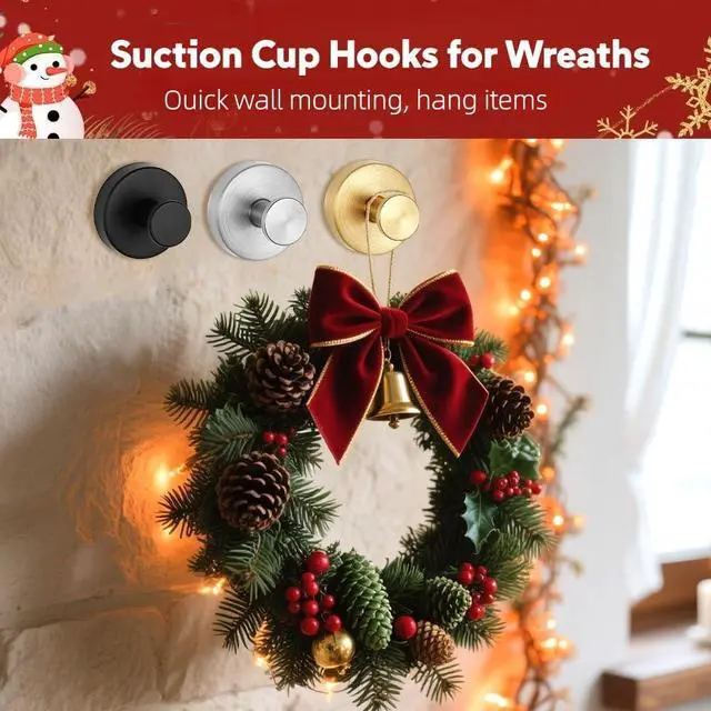 Alt view image 2 of 7 - Suction Cup Hooks for Wreaths on Glass, No-Drill Suction Cup Hooks Wreath Hangers for Front Doors, Metal Towel Hooks for Showers Bathrooms Mirrors (2-Pack,Gold)
