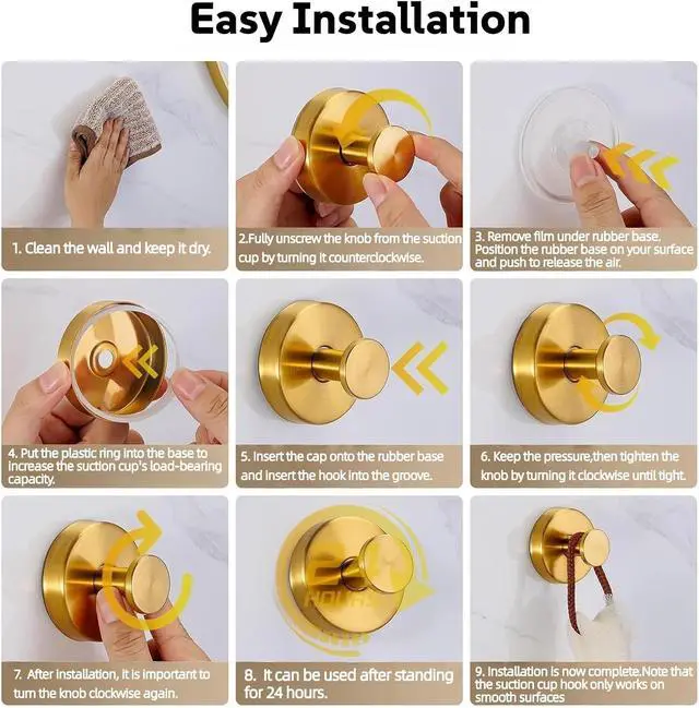 Alt view image 7 of 7 - Suction Cup Hooks for Wreaths on Glass, No-Drill Suction Cup Hooks Wreath Hangers for Front Doors, Metal Towel Hooks for Showers Bathrooms Mirrors (2-Pack,Gold)