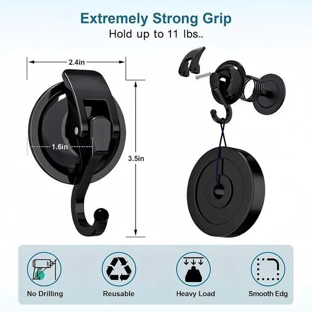 Alt view image 2 of 7 - Heavy Duty Suction Cup Hooks Reusable Wreath Hanger 2Pack Black