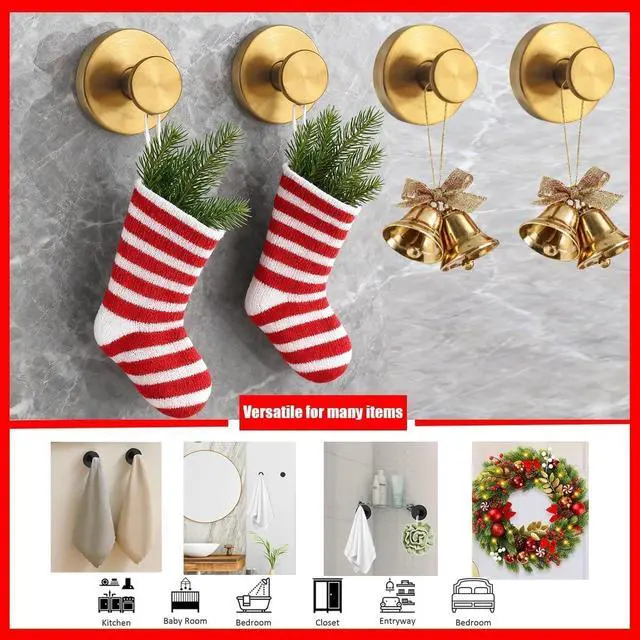 Alt view image 4 of 7 - 4Pcs New Model No-Drill Suction Cup Hooks, Wreath Hangers for Front Door, Wreath Hangers for Front Doors, Removable Hooks, Towel Hooks (Gold)
