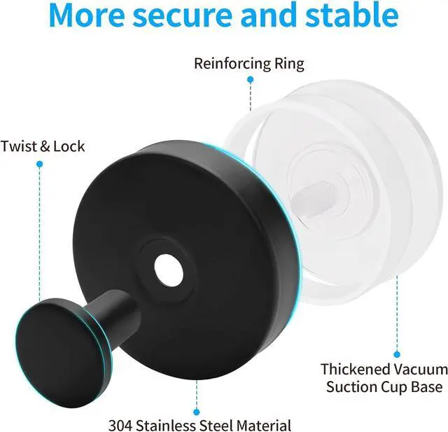 Alt view image 2 of 7 - Suction Cup Hooks for Shower Wall, Heavy Duty Bathroom Hooks, Stainless Steel Suction Towel Hook, No Drill Shower Suction Hooks for Glass Door, Loofah & Wreath Hanger, Matte Black, 2 Pack