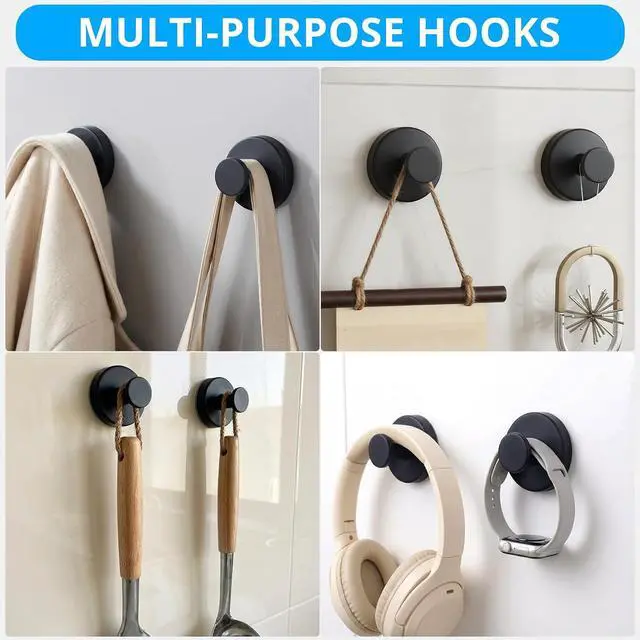 Alt view image 3 of 7 - Suction Cup Hooks for Shower Wall, Heavy Duty Bathroom Hooks, Stainless Steel Suction Towel Hook, No Drill Shower Suction Hooks for Glass Door, Loofah & Wreath Hanger, Matte Black, 2 Pack