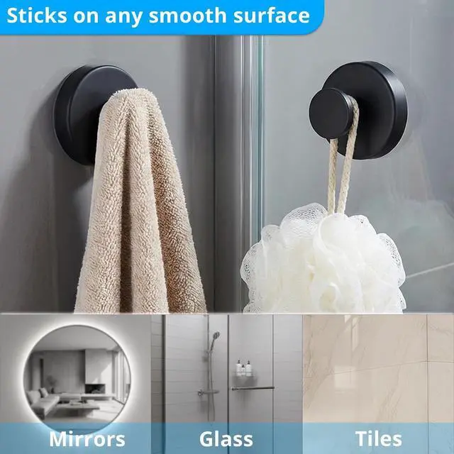 Alt view image 5 of 7 - Suction Cup Hooks for Shower Wall, Heavy Duty Bathroom Hooks, Stainless Steel Suction Towel Hook, No Drill Shower Suction Hooks for Glass Door, Loofah & Wreath Hanger, Matte Black, 2 Pack
