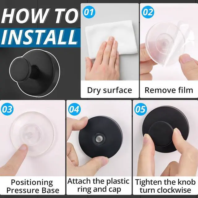 Alt view image 6 of 7 - Suction Cup Hooks for Shower Wall, Heavy Duty Bathroom Hooks, Stainless Steel Suction Towel Hook, No Drill Shower Suction Hooks for Glass Door, Loofah & Wreath Hanger, Matte Black, 2 Pack
