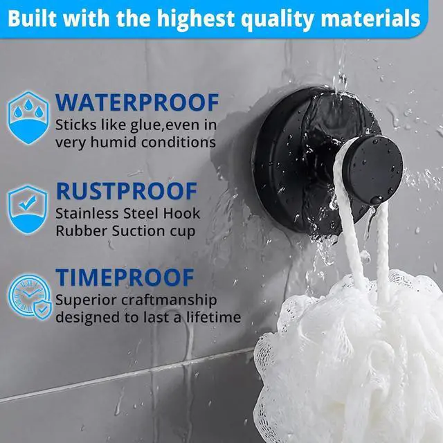 Alt view image 4 of 7 - Suction Cup Hooks for Shower Wall, Heavy Duty Bathroom Hooks, Stainless Steel Suction Towel Hook, No Drill Shower Suction Hooks for Glass Door, Loofah & Wreath Hanger, Matte Black, 2 Pack
